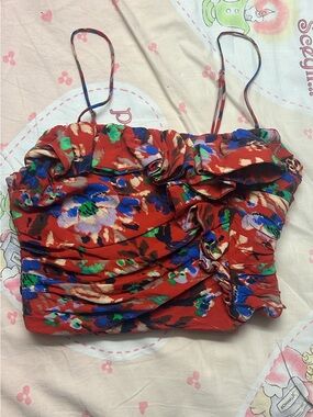 Zara red floral ruched sleeveless crop top